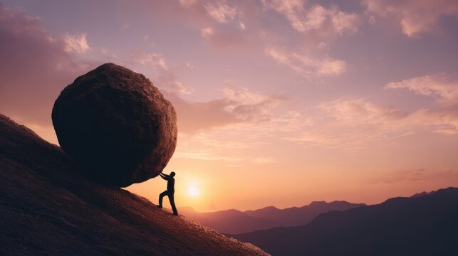 Man pushing a large boulder uphill at sunset. Concept of hard work, challenge, and overcoming difficulties. Perseverance metaphor.