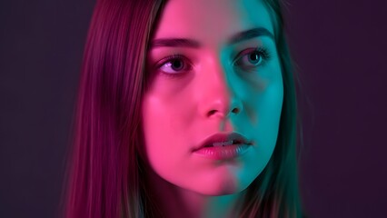 Naklejka premium Captivating close-up studio portrait of a thoughtful young woman bathed in dynamic split-color neon lighting, casting vibrant magenta and cool turquoise hues, creating a modern, artistic ambiance