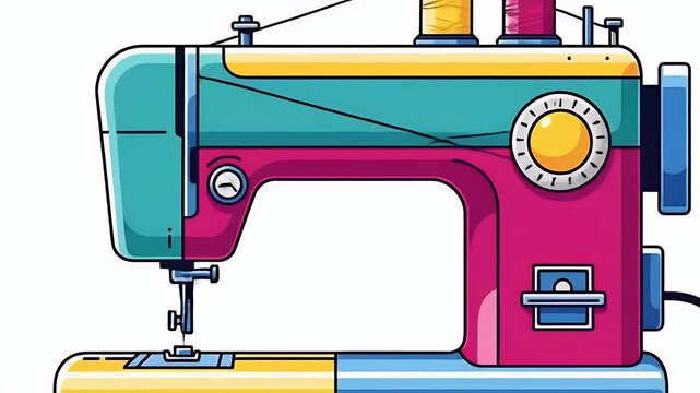 Colorful Sewing Machine with Pink Teal Yellow Blue Accents Detailed Illustration