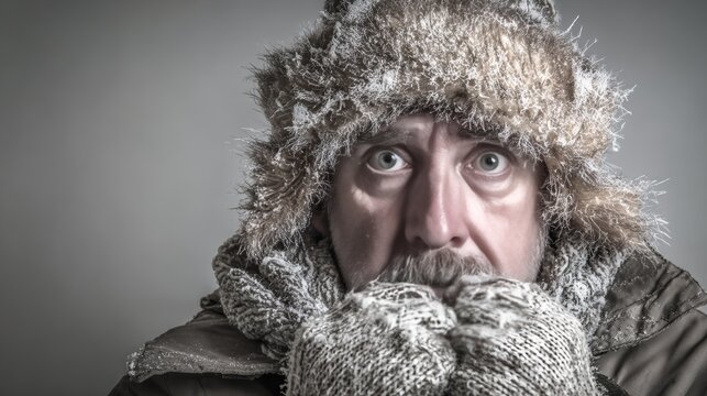A man in a fur trapper's hat, scarf, parka, and knit gloves stands frozen and covered in snow on a cold gray winter day, portraying the struggle to stay warm in harsh, extreme arctic conditions