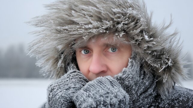 A man in a fur trapper's hat, scarf, parka, and knit gloves stands frozen and covered in snow on a cold gray winter day, portraying the struggle to stay warm in harsh, extreme arctic conditions