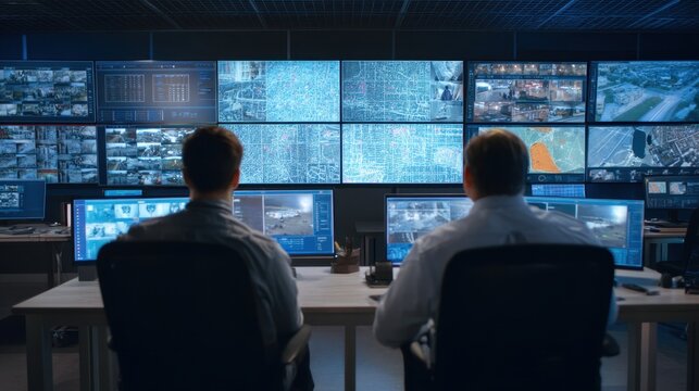 Two men monitoring security camera footage and city maps on screens. Surveillance control center for public safety and data analysis. - Powered by Adobe