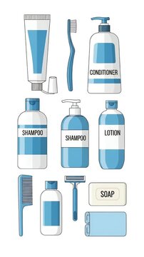 Collection Of Blue And White Bathroom Hygiene Products