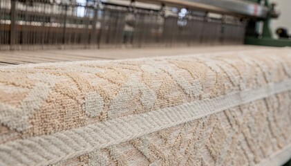 Fototapeta premium Closeup of jacquard pattern bath sheets weaving highlighting intricate designs and textured fabric in a sophisticated textile manufacturing setting.