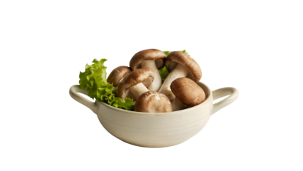 Fresh mushrooms and lettuce in a white bowl on black background