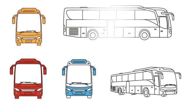 Collection Of Colorful Buses And Line Art Designs On White Background