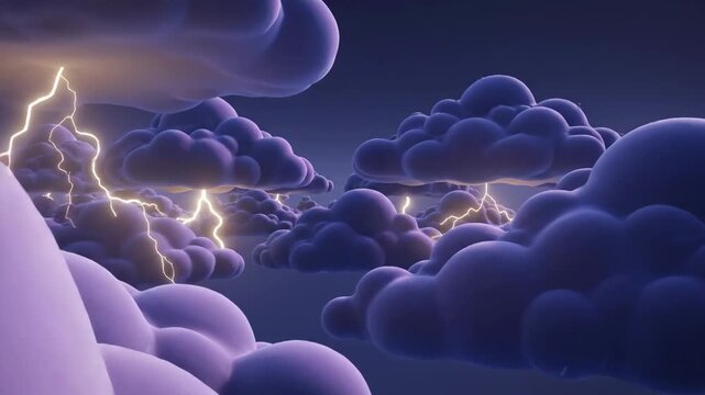 A captivating animation of stylized purple storm clouds with intense lightning flashes across a dark sky. Ideal for weather-related projects.