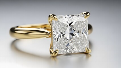 Luxury yellow gold engagement ring featuring a large princess-cut solitaire diamond isolated on a reflective gray background.