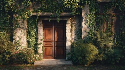 Old wooden door on a stone building covered in green ivy, creating an enchanting and secluded garden entrance. Vintage architectural detail for design.