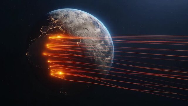 Cinematic drone-style visualization of Earth&rsquo;s magnetic field lines deflecting solar radiation, 4K.