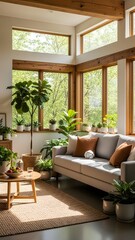 Fototapeta premium Sunny and Serene Modern Living Room Adorned with Lush Indoor Plants, Offering a Cozy Retreat with Expansive Windows Overlooking Vibrant Green Nature