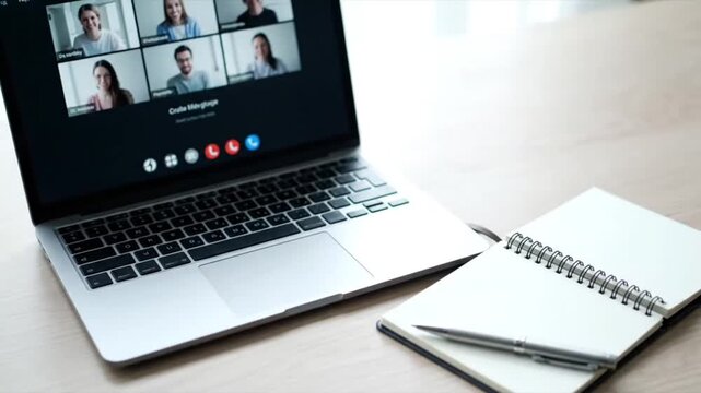 A hand holds a pen over a notebook placed on a laptop keyboard in a modern office, representing digital technology, business communication, and online work data on a computer screen network