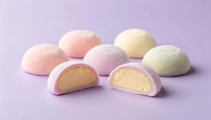 Obraz premium Colorful Mochi Ice Cream Delights on Pastel Purple Background
