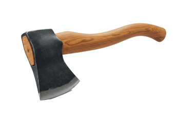 A robust hand axe with a forged steel head and hickory handle on a white background with copy space from a high angle. Concept of craftsmanship and utility