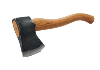 A robust hand axe with a forged steel head and hickory handle on a white background with copy space from a high angle. Concept of craftsmanship and utility