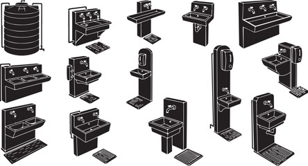 Collection of various bathroom sinks and toilets illustrated