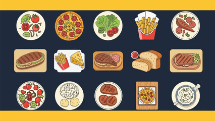 An assortment of colorful cartoon food items including pizza burgers and salads