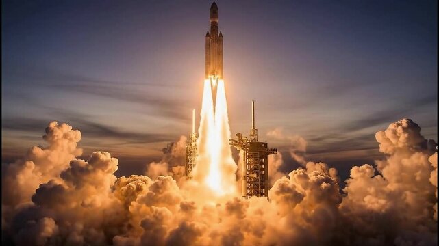 Rocket launch into space. Nuclear powered rocket. War rocket blast off. Space exploration. Rocket ship taking off. Spacecraft launch. Explosion of flames. Rocket propulsion. Space travel.