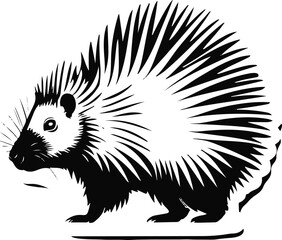 Obraz premium Minimalist vector sticker of a porcupine side view, simplified spike pattern, clean bold outline, flat design, white background, warning and safety label use 3