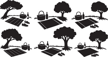 Picnic Setup Silhouettes in Park with Trees and Blankets