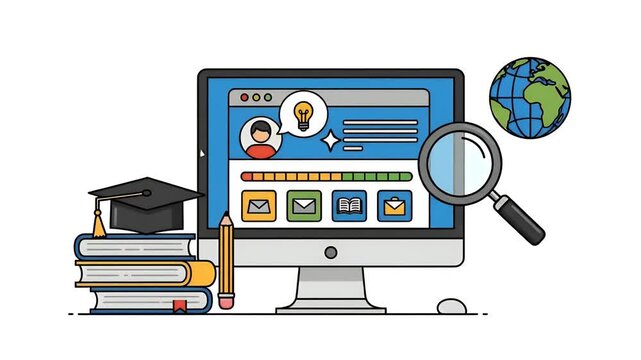 Computer Screen With Online Education Icons And Books