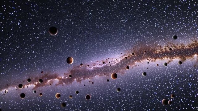 asteroid field circling distant sun, scattered planetoids and dusty ring with faint glowing band and remote stellar light, cinematic outersystem panorama for science, education, and space visuals
