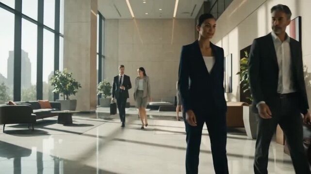 A professional team of businesspeople in suits and executive attire walk through a modern airport terminal during a corporate travel trip