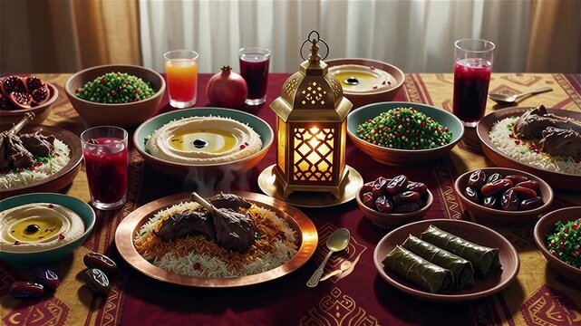 Middle eastern iftar table with traditional food lantern and dates for ramadan celebration