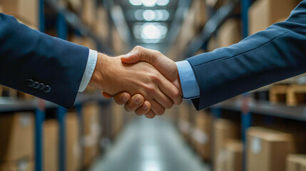 Business handshake of two men in suits in the aisle of a modern warehouse with shelves and boxes, concept of logistics, distribution, partnership and successful cooperation in the supply chain.