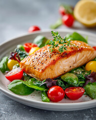 Crispy-crusted grilled salmon steak on a bed of steamed spinach and herbs, a healthy, restaurant-quality, and dietary dinner option.