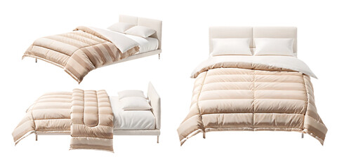 Beige comforter sets on white beds isolated on a transparent background duvet