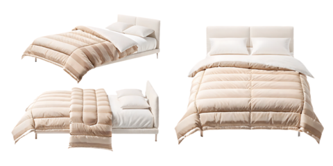 Beige comforter sets on white beds isolated on a transparent background duvet