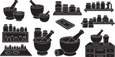 Black and white illustration of mortar and pestle sets