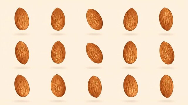 Seamless looping animation of rotating almond nuts arranged in a grid pattern on a beige background