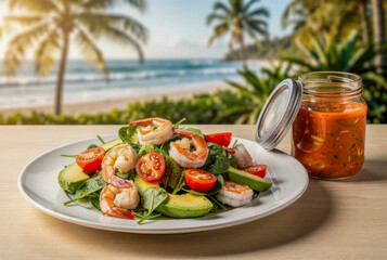 Fresh shrimp and avocado salad with a side of salsa by the ocean