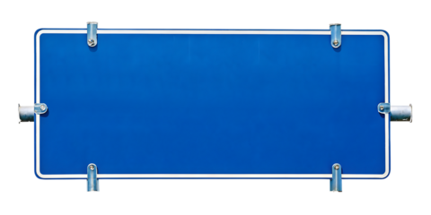Blue road sign with metal holders on white background