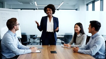 A professional business team of smiling colleagues and a businesswoman work together on a laptop during a productive office meeting - Powered by Adobe