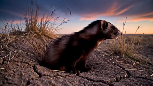 Black Footed Ferret in Burrow at Sunset Landscape