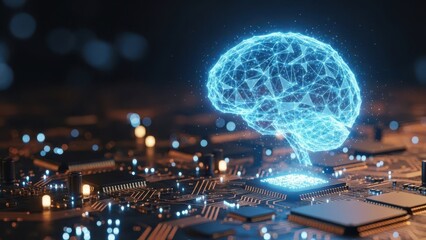 Artificial intelligence brain on circuit board for technology and data concept, futuristic 3d render