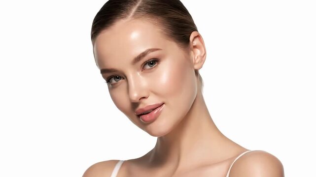 Beautiful woman face healthy skin beauty concept close up female lips eyes white background. skincare treatment, cosmetics and anti age plastic surgery. Face lifting, cosmetics and make-up.