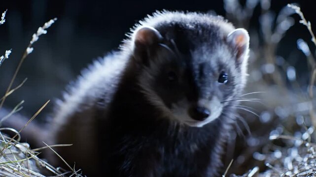 Black-footed ferret in the moonlight looking across the night