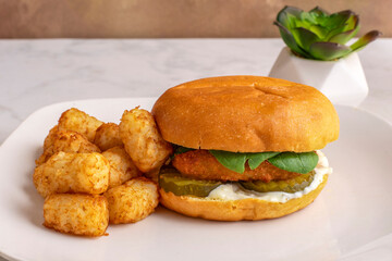 fish fillet sandwich  with a side of tater tots,
