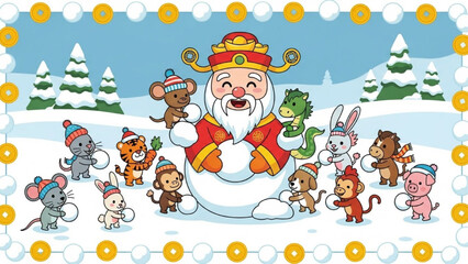 Fototapeta premium Cute Zodiac Animals Building Snowman