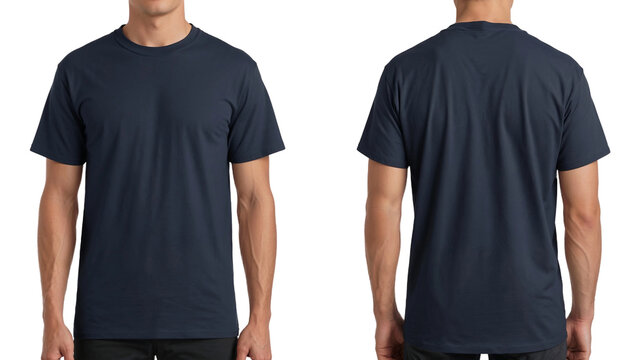 A man wearing navy blue t-shirt with half sleeves on the front and back sides isolated on transparent background