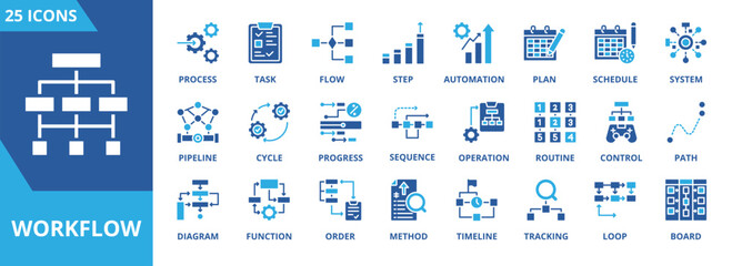 Workflow icon collection set. Containing process, task, flow, step, automation, goals, plan, schedule icon. Simple flat vector