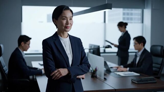 A confident Asian businesswoman stands with her arms crossed in a contemporary office, surrounded by her diligent colleagues.