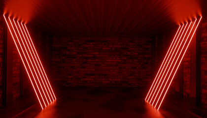 Red and blue neon lights in a dark room made of concrete and old brick. Dark room with neon. 3D rendering Illustration