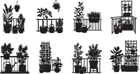 Silhouette of various plants on balcony with railings and shelves