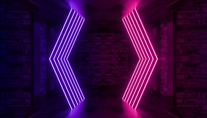Red and blue neon lights in a dark room made of concrete and old brick. Dark room with neon. 3D rendering Illustration