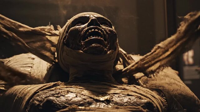 Ancient mummy unraveling its bandages. Decaying screaming face with glowing orange eyes. Horror and reanimation concept